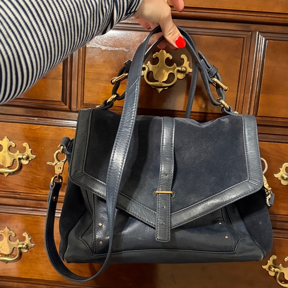 Blue Suede & Leather Satchel Handbag Tory Burch